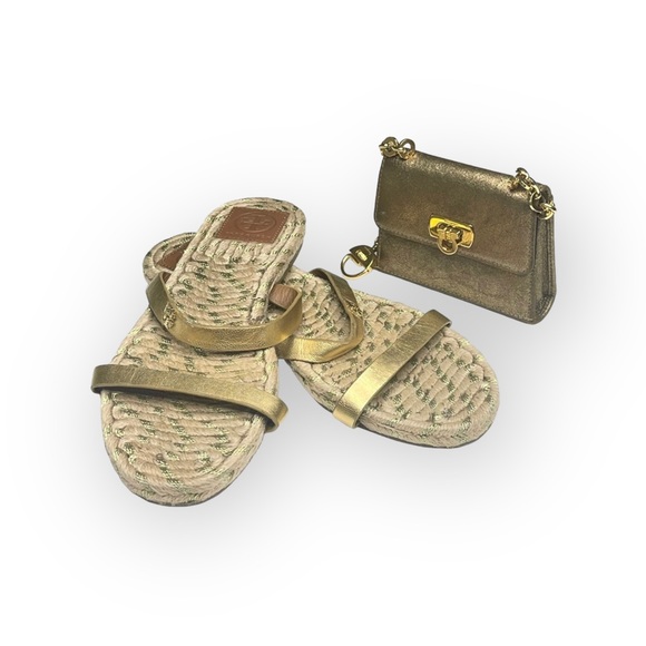 Tory Burch ✤ Two Band Flats Espadrilles Slides Jute Sandals ✤ Metallic Gold ✤ 8M - Picture 15 of 17